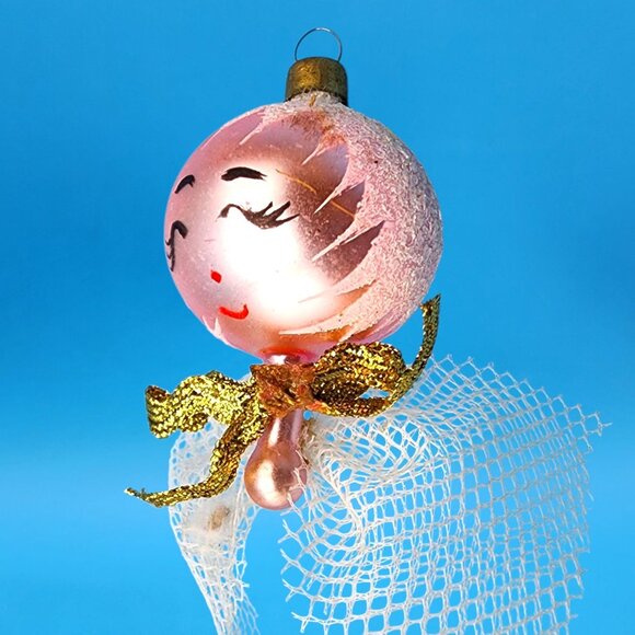 Vintage Pink Glass Angel Ornament • 1960s Japan • White Frosted Hair • Sleepy Ey - Picture 6 of 9